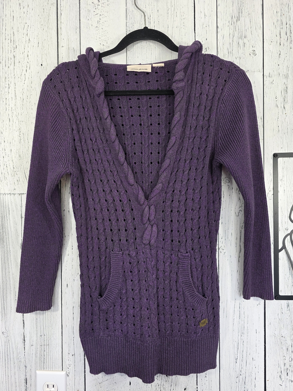 DKNY Jeans Purple Cable Knit Hooded Sweater Est Size Small